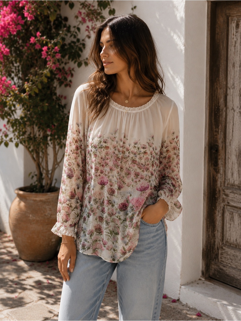 Floral Cream Long-Sleeve Peasant Blouse